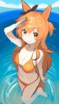  1girl absurdres animal_ears arm_at_side arm_up ashinowoto bare_shoulders bikini blush breasts cleavage closed_mouth commentary_request highres horse_ears horse_girl horse_tail mayano_top_gun_(umamusume) medium_breasts navel orange_bikini orange_eyes orange_hair outdoors shading_eyes sketch smile solo standing standing_on_one_leg swimsuit tail two_side_up umamusume wading water wet wet_hair 