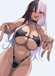  1girl bare_shoulders bikini black_bikini black_hair blush breasts cowboy_shot highres indie_virtual_youtuber multicolored_hair navel open_mouth pink_hair red_eyes satou_daiji simple_background solo stomach swimsuit thigh_gap thighs tongue tongue_out towa_(towa_akqj10) two-tone_hair underboob 