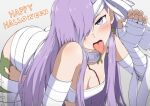 1girl bandage_over_one_eye bandages blush breasts claw_pose cleavage drill_bulbul fate/grand_order fate_(series) grey_background hair_over_one_eye heavy_breathing kingprotea_(fate) long_hair purple_eyes purple_hair tongue tongue_out 