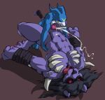  abs anal anthro balls bandai_namco blue_body bodily_fluids cum cum_in_ass cum_inside cum_while_penetrated digimon digimon_(species) duo erection felid flamedramon fur genital_fluids genitals hi_res lion madleomon male male/male male_penetrated male_penetrating male_penetrating_male mammal muscular muscular_anthro muscular_male orgasm pantherine pecs penetration penis purple_body purple_fur scalie sex size_difference small_dom_big_sub vixxier 