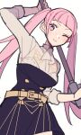  1girl ascot axe belt blush breasts buttons closed_mouth commentary_request do_m_kaeru fire_emblem fire_emblem:_three_houses garreg_mach_monastery_uniform hilda_valentine_goneril holding holding_axe holding_weapon long_hair looking_at_viewer medium_breasts one_eye_closed pink_eyes pink_hair simple_background sleeves_rolled_up smile solo twintails uniform weapon white_ascot white_background yellow_belt 
