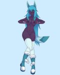  2023 absurd_res animal_ears anthro anthrofied beauty_mark big_breasts blue_eyes blue_hair blue_inner_ear boots breasts clothing dark_body dark_skin digital_drawing_(artwork) digital_media_(artwork) eeveelution eyeliner female footwear full-length_portrait furry_boots generation_4_pokemon genitals glaceon hair hi_res high_heeled_boots high_heels humanoid legwear looking_at_viewer makeup mxntylewds narrowed_eyes navel nintendo pointed_tail pokemon pokemon_(species) portrait pressing_breasts_together pussy shaded shaved_pussy simple_background small_tail small_waist solo solo_focus tail thick_thighs thigh_highs winter_clothing 