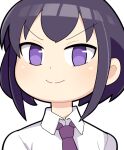  1girl black_hair blush bright_pupils closed_mouth collared_shirt commentary hospital_king looking_at_viewer medium_bangs necktie portrait purple_eyes purple_necktie shirt short_hair simple_background smile solo split_mouth tamura_yuri v-shaped_eyebrows watashi_ga_motenai_no_wa_dou_kangaetemo_omaera_ga_warui! white_background white_pupils white_shirt 