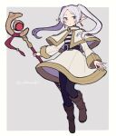  1girl brown_footwear do_m_kaeru dress earrings elf frieren full_body holding holding_staff jewelry long_hair looking_at_viewer parted_bangs pointy_ears solo sousou_no_frieren staff twintails white_dress white_hair 