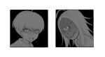  2boys ahoge angry commentary_request covered_face greyscale highres ikakun13 jacket long_hair looking_at_another makoto_kagutsuchi male_focus mask master_detective_archives:_rain_code monochrome multiple_boys open_mouth shaded_face shirt short_hair shouting spoilers sweat sweatdrop symbol_in_eye tears upper_body v-shaped_eyebrows yuma_kokohead 