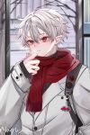  1boy bag earrings grey_hair hair_between_eyes highres jacket jewelry kuzuha_(nijisanji) long_sleeves male_focus nagihaha nijisanji pointy_ears red_eyes red_scarf scarf shirt short_hair shoulder_bag solo virtual_youtuber white_jacket 