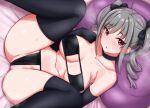  1girl bed_sheet bikini black_bikini black_choker black_gloves black_ribbon black_thighhighs blush breasts choker collarbone drill_hair elbow_gloves eyepatch_bikini from_above gloves grey_hair hair_between_eyes hair_ribbon idolmaster idolmaster_cinderella_girls kanzaki_ranko large_breasts long_bangs m_legs navel open_mouth pillow pink_eyes ribbon solo stomach swimsuit thighhighs thighs tomajiyama twin_drills twintails 