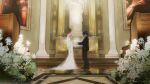  1boy 1girl amputee black_hair bridal_veil chinese_commentary church commentary_request dress flower hand_grab haruno_sakura hetero highres husband_and_wife long_dress naruto:_the_last naruto_(series) niku_(ni23ku) off-shoulder_dress off_shoulder pink_hair tuxedo uchiha_sasuke veil wedding_dress 