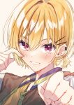  1girl blonde_hair blush chobo_ume clenched_hand fist_bump grin hair_ornament hairclip highres idolmaster idolmaster_shiny_colors jacket looking_at_viewer low_ponytail portrait purple_eyes saijo_juri short_hair short_ponytail smile solo upper_body 