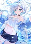  1girl :o absurdres armpit_peek bare_shoulders blue_eyes blue_hair blue_halo blue_shorts blue_theme blush breasts chierishu cleavage collarbone collared_jacket colored_inner_hair cowboy_shot crop_top dutch_angle groin hair_ornament hairclip halo highres ice ice_cube jacket kaga_sumire long_sleeves looking_at_viewer medium_breasts mole mole_under_eye multicolored_hair navel off_shoulder open_clothes open_jacket parted_bangs parted_lips raised_eyebrows short_shorts shorts simple_background solo stomach tank_top thighs virtual_youtuber vspo! water water_drop white_background white_hair white_tank_top x_hair_ornament zipper zzz 