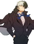  1boy black_coat black_hair black_jack_(character) black_jack_(series) black_pants black_vest blue_ribbon coat coat_on_shoulders collared_shirt frown hands_in_pockets highres long_sleeves looking_at_viewer male_focus mame_moyashi multicolored_hair neck_ribbon open_clothes open_coat pants patchwork_skin red_eyes ribbon scar scar_on_cheek scar_on_face shirt short_hair simple_background solo split-color_hair two-tone_hair vest white_background white_hair white_shirt wing_collar 