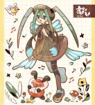  1girl aluy01 black_pantyhose blue_wings brown_dress brown_headwear brown_necktie bug_miku_(project_voltage) character_name closed_eyes coattails commentary cutiefly dress eyeshadow flower fly_agaric full_body green_eyes green_hair hand_up hatsune_miku highres kricketot long_hair long_sleeves makeup mushroom musical_note necktie open_mouth pantyhose pokemon_(creature) project_voltage solo standing standing_on_one_leg symbol-only_commentary twintails wings yellow_flower 