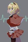  1boy blonde_hair bow bowtie braid brown_bow brown_bowtie brown_capelet brown_hairband brown_pantyhose brown_skirt capelet cardiogram crown_braid grey_background hairband highres lobotomy_corporation long_sleeves looking_at_viewer male_focus medium_hair msx_(mis4xi) otoko_no_ko pantyhose project_moon puffy_long_sleeves puffy_sleeves shirt simple_background skirt solo tiphereth_b_(project_moon) white_shirt 
