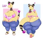  2023 ampharos anthro belly big_breasts big_butt black_eyes breasts butt chubby_anthro chubby_female cleavage clothed clothing dessert dwps food generation_2_pokemon hi_res holding_food holding_ice_cream holding_object ice_cream ice_cream_cone midriff navel navel_piercing nintendo nipple_outline piercing pokemon pokemon_(species) simple_background solo spanish_text tail text tongue tongue_out yellow_body 