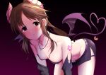  1girl bare_shoulders belt bow breasts brown_eyes brown_hair cleavage collarbone crop_top demon_horns demon_tail demon_wings ear_piercing elbow_gloves gloves gradient_background heart heart_tattoo horns idolmaster idolmaster_cinderella_girls idolmaster_cinderella_girls_starlight_stage jewelry leaning_forward long_hair looking_at_viewer miniskirt necklace parted_lips piercing side_slit skirt small_breasts solo sousakubito standing tail takamori_aiko tattoo wings 