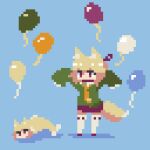  1girl animal_ear_fluff animal_ears balloon blonde_hair blue_background borrowed_character commentary fish fox_ears fox_girl fox_tail full_body green_shirt hair_ornament hands_up kanzashi kemomimi-chan_(naga_u) long_hair long_sleeves miniskirt necktie orange_necktie original pixel_art purple_eyes purple_footwear purple_skirt ribbon-trimmed_legwear ribbon_trim shirt skirt sleeves_past_fingers sleeves_past_wrists standing syaby_t tail thighhighs white_thighhighs zettai_ryouiki 