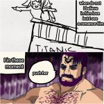  &gt;_&lt; :d angry bara beard chest_hair depressed drawing_tablet facial_hair get highres male_focus meme muscular muscular_male no_nipples non-web_source original purple_hair smile solo titanic_(movie) topless_male uncensored watching_television xd yatsuoshi_53 