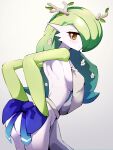  animalization antlers apron arm_support back back_bow blush bow braid braided_bangs breasts ceres_fauna commentary embarrassed english_commentary gardevoir getto green_hair hair_over_one_eye highres median_furrow medium_breasts mole mole_under_eye naked_apron pokemon pokemon_(creature) shoulder_blades sideboob yellow_eyes 