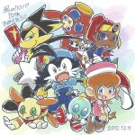  2girls 6+boys animal_ears blue_eyes blue_shirt blush brown_hair cat cat_ears furry furry_female furry_male gun guntz holding holding_gun holding_weapon huepow joka_(klonoa) kaze_no_klonoa klonoa kuri-neko leorina lolo_(klonoa) looking_at_viewer moo_(klonoa) multiple_boys multiple_girls open_mouth pac-man popka red_hair shirt smile weapon wolf_ears yellow_eyes 