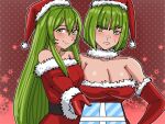  2girls bangs bare_shoulders black_sash bob_cut breasts cleavage closed_mouth collarbone dithorba_(fire_emblem) dress english_commentary erinys_(fire_emblem) fire_emblem fire_emblem:_genealogy_of_the_holy_war frown fur-trimmed_headwear fur-trimmed_sleeves fur_trim giving gloves green_eyes green_hair hair_between_eyes hat large_breasts long_hair long_sleeves looking_at_viewer mnejing30 multiple_girls off-shoulder_dress off_shoulder outline polka_dot polka_dot_background red_background red_gloves red_headwear santa_costume santa_hat sash short_hair smile snowflakes split_mouth very_long_hair white_outline 