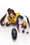  1girl absurdres black_bodysuit bodysuit brown_hair dragon finger_to_mouth gloves highres jee-hyung_lee kitty_pryde latex latex_bodysuit long_hair marvel open_mouth ponytail signature simple_background white_background x-men yellow_gloves 