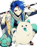  1boy animal blue_hair bodysuit bodysuit_under_clothes bracelet braid braided_ponytail capelet child cu_chulainn_(fate) dog earrings fate/grand_order fate_(series) highres holding holding_polearm holding_weapon hood hooded_capelet jewelry long_hair looking_at_viewer male_child male_focus on_one_knee one_eye_closed pirohi_(pirohi214) polearm puffy_pants puppy red_eyes samoyed_(dog) setanta_(fate) simple_background smile solo weapon white_background white_dog 