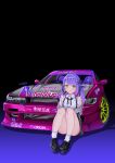  1girl absurdres black_bow black_footwear black_skirt blush bow car cardigan collared_shirt frilled_shirt frills green_eyes grey_cardigan hair_ribbon highres hololive looking_at_viewer masada_masashi motor_vehicle nissan nissan_s13_silvia nissan_silvia off_shoulder official_alternate_costume race_vehicle racecar ribbon shirt sitting skirt sleeveless sleeveless_shirt smile socks solo tokoyami_towa tokoyami_towa_(3rd_costume) twintails vehicle_focus virtual_youtuber white_socks 