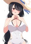  1girl absurdres black_hair blue_archive braid breasts cleavage commentary_request curvy flying_sweatdrops hair_over_one_eye halo hat highres large_breasts long_bangs long_hair looking_at_viewer one-piece_swimsuit parted_lips plump red_eyes sidelocks simple_background single_braid sleeveless solo straw_hat sun_hat swimsuit white_background white_one-piece_swimsuit zhyseven 