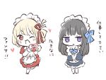  alternate_costume apron blonde_hair blue_bow blue_dress blush bow chibi commentary_request dress enmaided hair_bow hanaya_102 heart heart_hands inoue_takina long_hair lycoris_recoil maid maid_apron maid_day maid_headdress nishikigi_chisato no_pupils one_side_up purple_eyes red_dress red_eyes short_hair simple_background translation_request unamused 