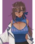  1girl bbizim03 black_survival blue_eyes blue_ribbon blue_sweater blush breasts brown_hair cathy_huggins cleavage cleavage_cutout clothing_cutout coat dark-skinned_female dark_skin eternal_return:_black_survival hair_between_eyes hair_ribbon heart heart-shaped_pupils highres large_breasts long_hair meme_attire off_shoulder open-chest_sweater ribbed_sweater ribbon simple_background sleeveless sleeveless_sweater solo sweat sweater symbol-shaped_pupils tongue tongue_out turtleneck turtleneck_sweater white_coat 