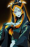  1girl blazemalefica blue_skin breasts closed_mouth collarbone colored_skin front_ponytail gradient_background green_nails hand_up highres hood hood_up large_breasts long_hair midna midna_(true) nail_polish orange_background orange_hair pointy_ears red_eyes solo the_legend_of_zelda the_legend_of_zelda:_twilight_princess web_address 