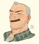  1boy aaron_gruber_(o_natsuo88) bara beard_stubble facial_hair gingham_shirt grey_hair grey_shirt highres looking_at_viewer male_focus mature_male mustache o_natsuo88 old old_man one_eye_closed original portrait receding_hairline scar scar_on_cheek scar_on_face shirt short_hair smile solo thick_eyebrows thick_mustache wrinkled_skin yellow_background 