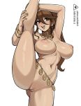  1girl :d arms_up artist_name ass_visible_through_thighs between_breasts blush bracelet breasts brown_eyes brown_hair censored covered_nipples cowboy_shot donburi_(donburikazoku) earrings feet_out_of_frame highres jewelry large_breasts long_hair looking_at_viewer mosaic_censoring navel nude octopath_traveler octopath_traveler_i open_mouth primrose_azelhart pussy simple_background smile solo split standing standing_on_one_leg standing_split web_address white_background 