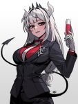  1girl alcohol black_jacket black_necktie blunt_bangs breasts buttons commentary cup demon_girl demon_horns drinking_glass gloves helltaker highres horns jacket large_breasts long_hair looking_at_viewer lucifer_(helltaker) mole mole_under_eye necktie paulandcookie red_eyes red_shirt shirt signature smile solo white_background white_hair white_horns wine wine_glass 