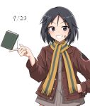  1girl balancing_on_finger bandaid bandaid_on_face black_hair blush book brave_witches brown_jacket dated emu_1316 grin hand_in_pocket highres jacket kanno_naoe leather leather_jacket looking_at_viewer parted_bangs scarf short_hair simple_background smile solo two-tone_scarf upper_body white_background world_witches_series yellow_scarf 