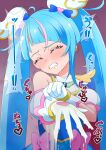  blue_eyes blue_hair blush bow bowtie clenched_teeth closed_eyes crying cum cum_in_clothes cure_sky gloves highres hirogaru_sky!_precure magical_girl pink_bow pink_bowtie precure sora_harewataru speech_bubble teeth tiler_(tiler00) twintails white_gloves winged_hair_ornament 