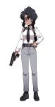  1girl black_hair blue_eyes bob_cut breasts cz-75 dark-skinned_female dark_skin gun gunsmith_cats handgun highres holster karepack medium_breasts rally_vincent short_hair shoulder_holster smile solo trigger_discipline weapon white_background 