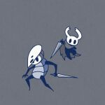  black_eyes black_skin blank_eyes colored_skin commentary full_body grey_background grey_cloak grey_theme holding holding_weapon hollow_knight jumping knight_(hollow_knight) legs_apart looking_at_viewer mask mask_on_head nail_(hollow_knight) quirrel sakana_2-gou simple_background standing weapon 