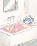  &lt;boss&gt; 1girl =_= bathing bathroom bathtub blue_hair blunt_bangs blush bubble_blowing commentary_request creature folded_ponytail highres indoors kotonoha_aoi molten mouth_under_water partially_submerged pink_hair raised_eyebrows seyanaa sidelocks solo steam towel towel_on_head translation_request voiceroid wide_shot window 