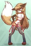  4_toes abstract_background anthro arm_tuft averi_(fiddleafox) big_tail brown_body brown_fur brown_hair brown_nose canid canine chest_tuft clothed clothing collar crotch_tuft digitigrade dipstick_tail ear_tuft feet female fox fur garter_belt garter_straps gloves_(marking) green_background green_eyes hair hand_on_butt hand_on_leg leaning leaning_forward leg_markings leg_tuft leg_warmers legwear lingerie long_hair looking_at_viewer mammal markings multicolored_body multicolored_fur orange_body orange_fur panties print_clothing print_leg_warmers print_legwear raised_tail shadow simple_background smile socks_(marking) solo standing tail tail_markings thighlordash toes topless translucent translucent_clothing translucent_legwear tuft underwear white_body white_fur wide_hips 