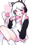  1girl absurdres animal_ear_headphones animal_ears cat_ear_headphones cat_ears demon_girl fake_animal_ears head_wings headphones heart heart_tail highres hood hoodie hyuni_(hyunicat) leg_warmers multicolored_hair original owl_girl pink_hair streaked_hair tail white_hair white_hoodie wings 