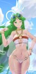  1girl bare_arms bare_legs bare_shoulders bikini breasts circlet cleavage collarbone doodlingneko eyewear_on_head forehead_jewel gold_choker green_eyes green_hair hand_on_own_hip highres jewelry kid_icarus kid_icarus_uprising large_breasts long_hair neck_ring one_eye_closed palutena parted_bangs solo sunglasses swimsuit very_long_hair white_bikini yellow-framed_eyewear 