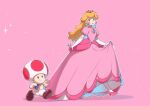  1boy 1girl absurdres blonde_hair blue_eyes blue_vest boots brooch brown_footwear clenched_hands crown dress earrings elbow_gloves full_body gloves high_heels highres jewelry light_smile long_hair mario_(series) pink_background pink_dress pink_footwear princess_peach puffy_short_sleeves puffy_sleeves red_toad_(mario) saiwo_(saiwoproject) short_sleeves simple_background sphere_earrings toad_(mario) vest white_gloves 