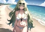  aged_up ai-generated beach bikini eyewear_on_head green_eyes green_hair highres honkai_(series) honkai_impact_3rd long_hair looking_at_viewer mobius_(honkai_impact) non-web_source sunglasses swimsuit wavy_hair white_bikini 