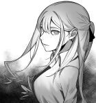  1girl ak-12_(girls&#039;_frontline) alternate_costume artificial_eyes black_necktie breasts from_side girls&#039;_frontline greyscale highres kavni long_hair looking_at_viewer monochrome necktie open_mouth parted_lips ponytail shirt sidelocks solo upper_body white_shirt 