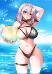  1girl absurdres arm_strap arm_up azumane_kanna ball bare_shoulders beachball bikini blush braid breasts cleavage commentary_request day green_eyes grey_hair hair_between_eyes highres holding holding_ball holding_beachball hololive horizon large_breasts looking_at_viewer medium_hair navel ocean outdoors shirogane_noel skindentation smile solo stomach swimsuit thick_thighs thighs virtual_youtuber wading 