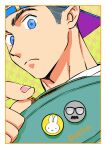  1boy animal_print backwards_hat bara billy_russell_(dickfish) blue_eyes close-up dickfish_(fishismdick) hat highres implied_yaoi john_rottweil_(dickfish) looking_down male_focus merchandise original rabbit_print short_hair solo thick_eyebrows zipping 