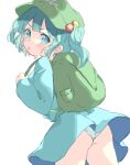  1girl aqua_shirt aqua_skirt ass backpack bag blue_eyes blue_hair blush cowboy_shot flat_cap green_headwear hair_bobbles hair_ornament hat kawashiro_nitori long_sleeves looking_at_viewer medium_hair open_mouth panties paragasu_(parags112) shirt simple_background skirt solo touhou two_side_up underwear white_background white_panties 