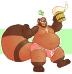  2018 4_toes 5_fingers alcohol anthro beer_mug belly beverage big_belly big_tail briefs briefs_only brown_arms brown_body brown_claws brown_ears brown_fur brown_markings brown_nose bulge canid canine claws clothed clothing digital_media_(artwork) drunk eyebrows facial_markings feet finger_claws fingerpads fingers fluffy fluffy_eyebrows fluffy_tail fur geometric_background green_background green_eyes head_markings head_tuft hi_res huge_tail leaf leg_markings male mammal marcus_fukuyama markings neck_tuft overweight overweight_anthro overweight_male pawpads pink_briefs pink_clothing pink_pawpads pink_underwear rabidraccoon raccoon_dog ring_(marking) simple_background snout snout_markings socks_(marking) solo substance_intoxication tail tan_body tan_eyebrows tan_fur tan_inner_ear tan_markings tanuki toe_claws toes topless tuft underwear underwear_only white_background 