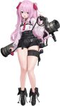  1girl belt bondage_outfit boots flat_chest full_body goddess_of_victory:_nikke head_tilt holding holding_whip mole mole_under_mouth non-web_source official_art pink_hair solo thick_thighs thighs twintails weapon weapon_on_back whip xi_xeong yuni_(nikke) 